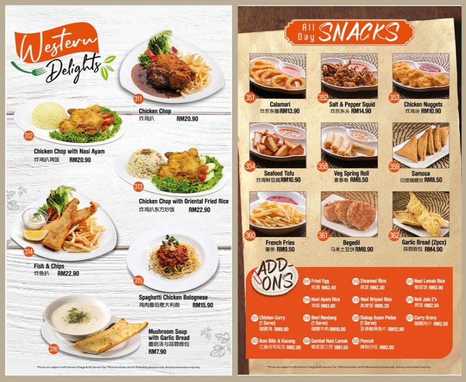 Sedap Corner Menu Malaysia Western Delights , All Day Snacks, Add Ons