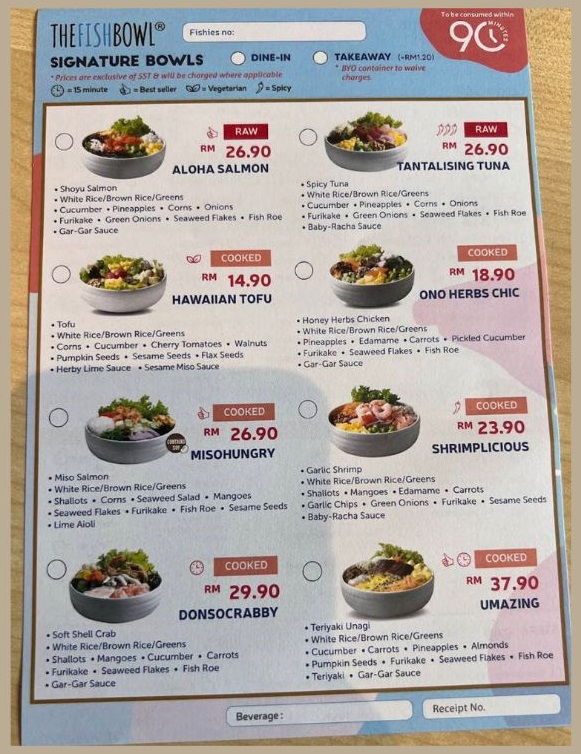 Signature Bowl Menu at The Fish Bowl Malaysia